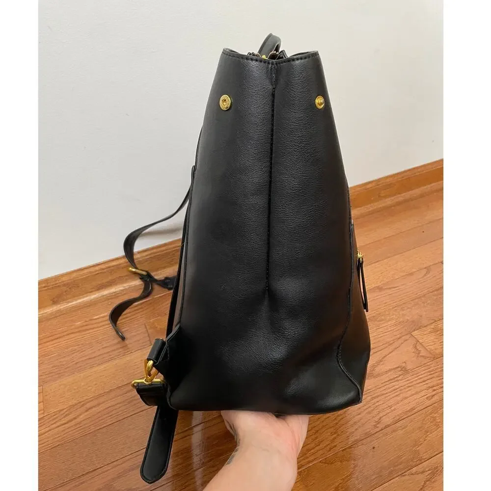 FAWN Square Backpack Diaper Bag Black Faux Leather Gold Tone Hardware